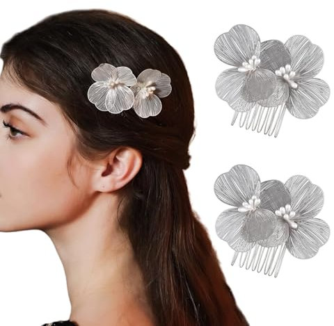 Ypkia 2 Stück Blume Braut Steckkamm Silber Metall Seitenkämme Spaltzahn Haarkamm Hochzeit Haarschmuck FüR Frauen Mädchen (silber)