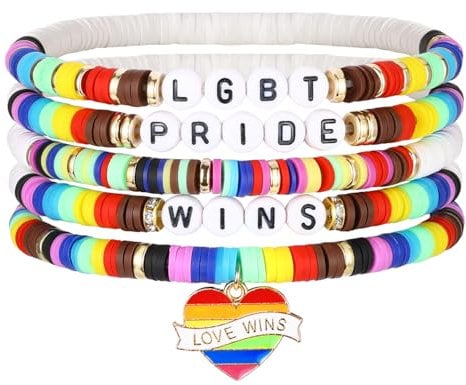 Emibele Pride-Armbänder für Frauen, 5 Stück Perlenarmbänder mit Herz Regenbogen-Anhänger, LGBT-Unterstützungsarmbänder für Pride Day/Monat, stapelbare Tonperlen-Armbänder Schmuckgeschenke für Frauen