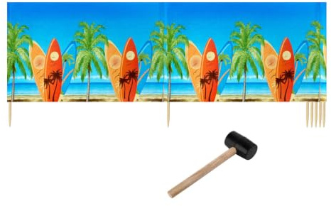 Ladeheid Windschutz Strand Strandzubehör Sichtschutz Holzstäbe LAEX001 | Mit Gummihammer, Strand Sichtschutz für Camping, Windfang im Sand, maritimes Muster, praktisches Strandzubehör mit Holzstäben