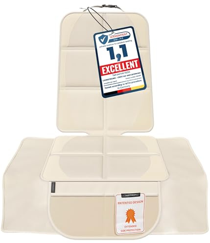 LIONSTRONG® Kindersitzunterlage - EXTRA Schutz [ISOFIX GEEIGNET] - Creme | wasserabweisender Autositzschoner Polyester Stoff - Sitzschutz Sitzschoner Auto Kindersitz - universell kompatibel