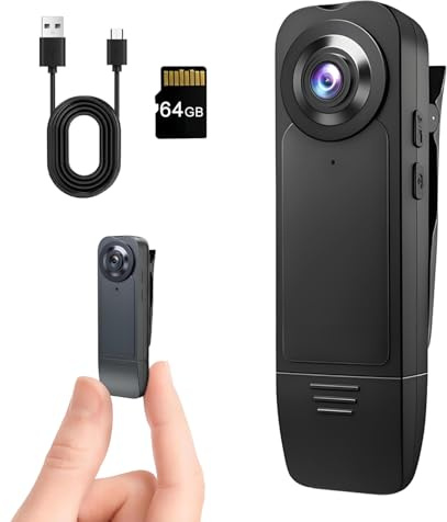 1080P Mini-Körperkamera mit 64 GB Speicherkarte,Tragbare Bodycam,Tragbarer Polizei-Camcorder,Audio Video Aufzeichnung Min Kamera mit Nachtsicht Bodycam Körperkamera für Innen Aussen Überwachung ﻿