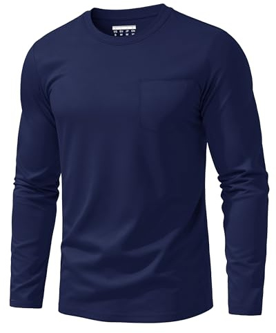 EKLENTSON Men Work T Shirts Cotton Long Sleeve Tops with Pocket Breathable Round Neck Casual Summer Tee Shirts Navy XL