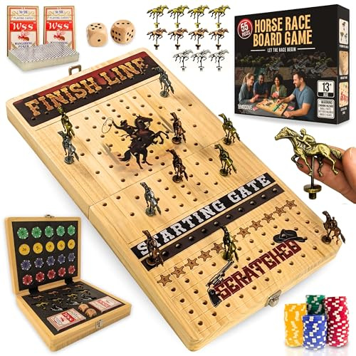 Pferderennen-Brettspiel – großes 55,9 cm faltbares Pferderennen-Spielbrett für Erwachsene – spannendes Familien-Renn-Set mit integriertem Speicher für Premium-Chips, 2 Sätze Karten, 2 Würfel und 11