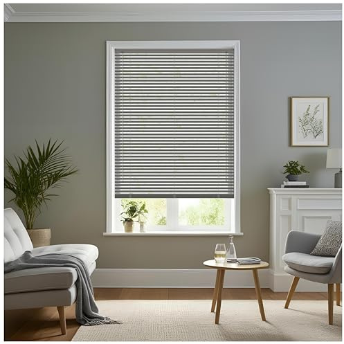J.Din Made to Measure Grey Plain PVC Window Venetian Blinds 25mm Slats, Easy Fit Windows Treatment Shutters Child Safe Fittings Home Office Curtains 114W x 213H cm