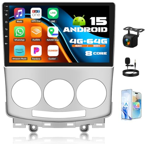 Qualcomm, 4G+64G 8Core GOHHDL Android 15 Autoradio für Mazda 5 2005-2010 mit Carplay Android Auto, 9 Zoll IPS Touch Bildschirm mit Bluetooth FM/RDS EQ DSP GPS WiFi + Rückfahrkamera & MIC