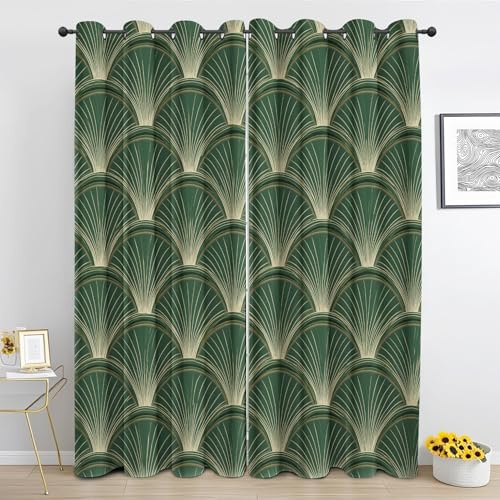 Grün Gold Art Deco Blickdicht Vorhänge, Feder Geometrisch Gardinen mit Ösen 2er Set, Retro Luxus Vorhäng für Schlafzimmer Wohnzimmer, Gardine für Deko, 245 x 140 cm Nu418