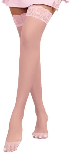 BEINF Bas Autofixants Pour Femmes Avec Bordure En Dentelle Bas Sexy Bas Autofixants Bas Au-dessus Du Genou Avec Silicone Antidérapant Rose