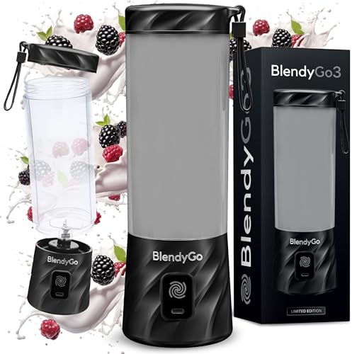BlendyGo 3 Tragbarer Mixer, Blender, Mini Standmixer, 550 ml, Smoothie maker, Mixer smoothie maker to go, kabellos, zerkleinert Eis und Obst, BPA-freie, PulseMotion & BlendPro (Black Metallic)