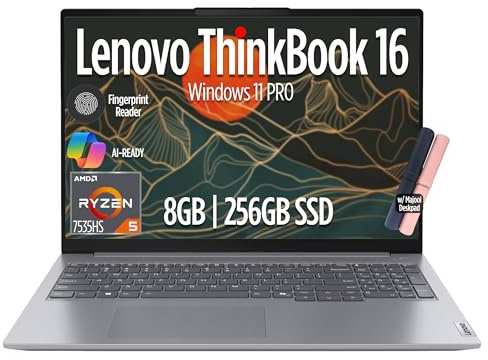 Lenovo Ordinateur portable ThinkBook 16 Gen 7, écran FHD+ de 16, AMD Ryzen 5 7535HS (> i7-1355U), 8 Go de RAM DDR5, 256 Go SSD, rétroéclairé KB, webcam, Ethernet, Wi-Fi 6, Windows 11 Pro avec