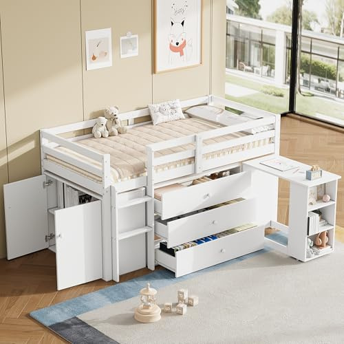 Merax 3ft Single Modern Wooden Cabin Bed with Pull-Out Desk, 3 Drawers, Storage Cabinet & Shelves, Flexible Two-Way Installation, Space-Saving Loft Bed for Children, White (No Mattress)