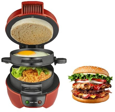 Frühstücks-Maker,Sandwich Toaster Burger Maker,dualer Frühstücks-Sandwich-Maker,Effiziente Antihaft Heizplatten, mit Abnehmbarer und waschbarer Antihaftbeschichtung (Rot)