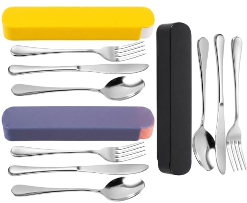 Cubiertos Camping 3 Piezas, Negro, Amarillo, Azul | Acero Inoxidable, Cuchillo, Tenedor y Cuchara, Portacubiertos Estuche Incluido, Para Lonchera Escolar, Picnic, Viajes
