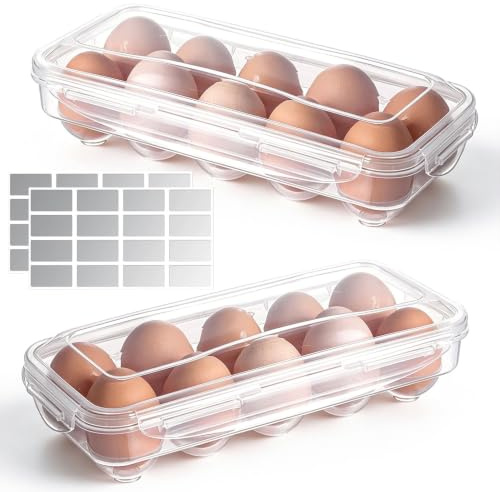 2 Stück Transparente Eierbox - 10 Fächer Eierbehälter mit Aufkleber, Eierkarton Plastik, Eier Aufbewahrung Kühlschrank Tragbare Eierbehälter Aufbewahrungsbox Eierdose für Küche und Transportbox