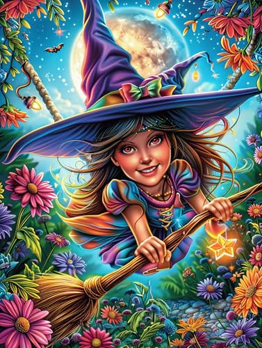 Witch on Broomstick 1000 Piece Jigsaw Puzzle for All Ages Accompany Fairy Tale Animal Jigsaw Perfect Festival Gift Family Gathering Brainteasing Relaxation Living Room Decor 1000 PCS