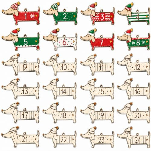 Adventskalender Zahlen Holz, Dackel Holzanhänger für Adventskalender 2026 | Passend für Adventskalender Tüten, Weihnachtsdeko dackel geschenke Zubehör, Anhänger 1-24 für DIY Adventstüten zum Befüllen