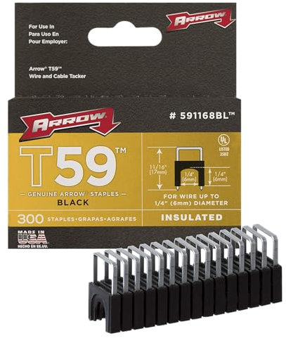 Arrow 160755 T59 Heftklammern, 17 mm, isolierter Steg, 6 x 6 mm, für Kabel (Ø 5 mm), Schwarz, 300 Stück