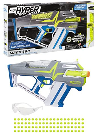 Nerf HyperMach-100 Motorisierter Launcher, 80 Hyper-Nachfüllungen, 33 mps, einfaches Aufladen, Kapazität für 100 Nachfüllungen