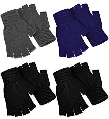 SATINIOR Halbfingerhandschuhe für den Winter, gestrickte fingerlose Fäustlinge, warme dehnbare Handschuhe für Herren und Damen, 4 Paar., Schwarz, Grau, Blau, Medium