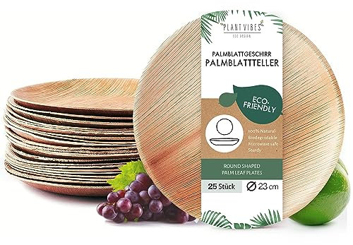 Plantvibes Palmblatt teller, Ø23 cm x 25 Stk umweltfreundliches Palmblattgeschirr zu 100% kompostierbar & CO2 neutral, Bio Einweggeschirr aus Areca Palmblatt, Einwegteller palmblatt geschirr