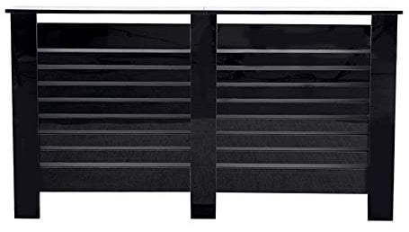 Wooden High Gloss Black Radiator Cover Cabinet Table Storage Shelf Slat Style Modern Living Room Bedroom (Black-L: 151.5X19X82 cm)