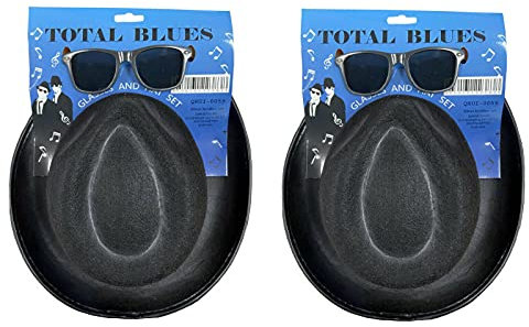 6x Blues Brothers Hut & Brille Set - Schwarze Fedora Hüte mit Satinbändern & Dark Lens Sonnenbrille - Kultige 1980er Jahre Blues Tribute Verkleidung Kostüm Zubehör für Erwachsene - Großpackung für