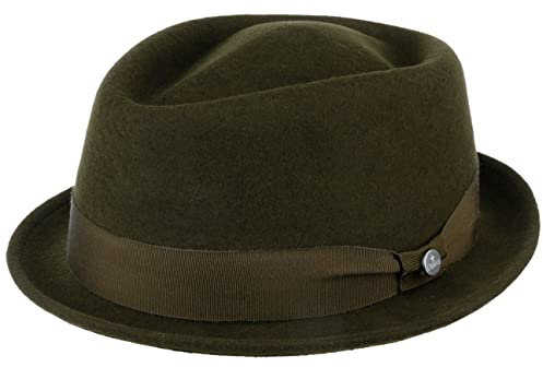 LIERYS Classic Porkpie Wollfilzhut Damen/Herren - Hut Made in Italy - Filzhut Wasserabweisend - Pork Pie Packable - Musikerhut Sommer/Winter dunkelgrün M (56-57 cm)