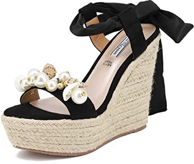 QUEEN HELENA Zeppe ZM9033 - Sandalias altas con cuña de verano con cordones en la tobillera abierta con plataforma informal para mujer, Negro , 38 EU