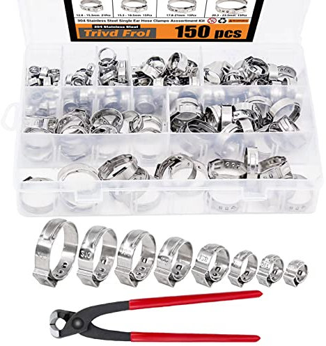150 fascette stringitubo a orecchio singolo in acciaio inox 304 con pinza per orecchie, 6-23,5 mm, kit assortito di morsetti per tubi a crimpare perfetti per automobili, linea di elettrodomestici e