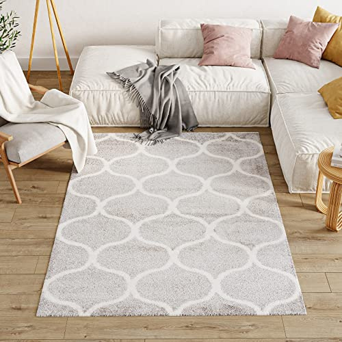 TAPISO Modena Teppich Hochflor Langflor Shaggy Grau Weiß Trellis Gitter Orient Wohnzimmer Schlafzimmer Modern Design ÖKO-TEX 160 x 220 cm