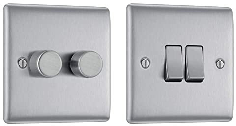 BG Electrical Double Dimmer Intelligent Light Switch, Brushed Steel, 2-Way & NBS42-01 Double Light Switch, Brushed Steel, 2-Way, 10AX
