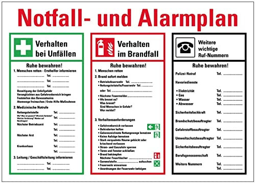 Aufkleber Sicherheitsaushang Notfall- und Alarmplan Schild Folie selbstklebend | Größe wählbar Made in Germany, Größe: 50x70cm