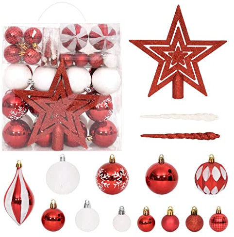 vidaXL Weihnachtskugel Set 64-TLG. Christbaumkugeln Baumschmuck Weihnachtsbaumkugeln Weihnachten Weihnachtsschmuck Baumspitze Rot Weiß