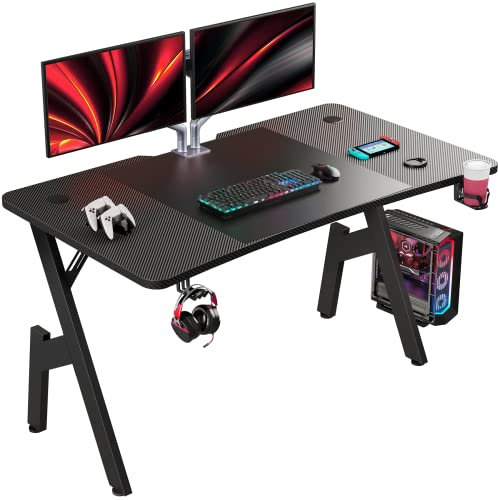 HLFURNIEU Scrivania Gaming Ergonomica, 140 x 60 cm Tavolo da Computer, Scrivania Gamer con Porta Bicchiere e Gancio per Cuffie, Piano del Tavolo in Fibra di Carbonio Impermeabile, Nero
