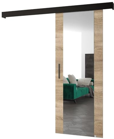 ABIKSMEBLE Salwador 2 Système de Porte Coulissante avec Un Cache Rail et Miroir - Portes Coulissantes Murales Intérieures - Construction Solide - 90 x 204 cm - Sonoma