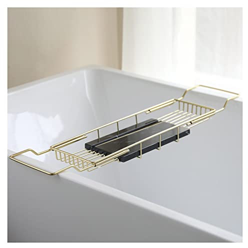 ACiyD Badewannen-Caddy-Tablett, Edelstahl-Badewannen-Tischregal mit Marmor-Schneidebrett, verstellbare Bad-Aufbewahrungsplattform für Hotel-Duschkabine (Color : Silver+Black) (Gold+Black)