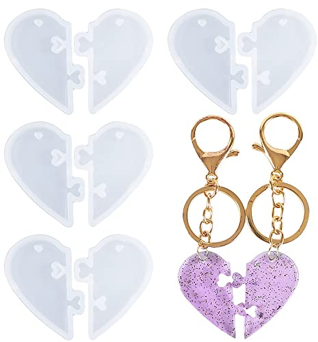 Weenkeey 4 Paare Puzzle Herzform Silikonform Liebe Herz Schlüsselanhänger Epoxidharz Formen Split Herz Schmuck Gussform für DIY Handwerk Anhänger Halskette