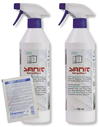 DEWEPRO-Set: SANIT SpiegelBlank (3046) - 2 Flaschen à 750ml - intensiv wirkender Schmutzlöser für alle Glas- und Kunststoffoberflächen, inkl. 1 St. DEWEPRO® Single Scrubs