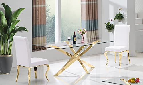 Bador Decoration Table de salle à manger design en acier inoxydable et verre trempé Doré 160 x 90 cm