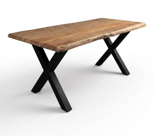 SAM Esstisch Cali 240x100 cm Akazie Natur Baumkante X-Gestell schwarz | Baumkantentisch massiv, Akazienholz naturfarben, 50 mm Tischplatte, Esszimmertisch, Industrial-Design