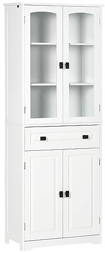 HOMCOM Alacena de Cocina Aparador de Comedor Mueble Auxiliar con 4 Puertas 1 Cajón y 2 Estantes Ajustables para Salón 60x30x160 cm Blanco