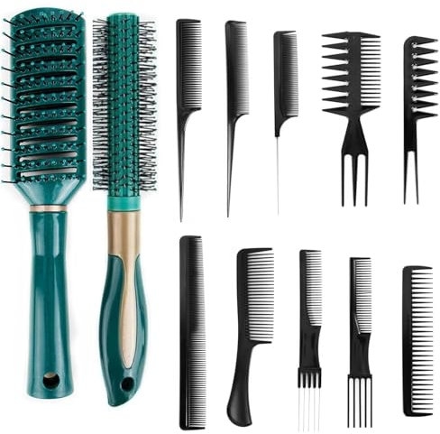 MJFENDAI Set di 12 pettini e spazzole, multifunzionali, da uomo, per capelli, spazzola rotonda, pettine a denti grossi, per asciugacapelli, lisciare, districare uomini e donne