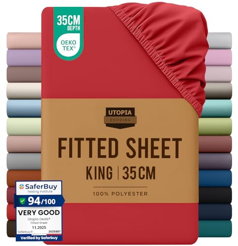 Utopia Bedding Fitted Sheet King, Red - Deep Pocket 14 inch (35 cm) - Easy Care - Soft Brushed Microfibre Fabric - Shrinkage and Fade Resistant - Bottom Sheet