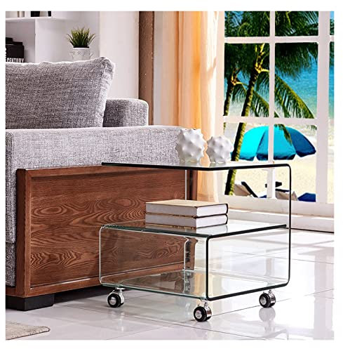 LaMaMe Beistelltische Mobiler 6-förmiger Beistelltisch, Sofa-Beistelltisch aus Glas mit Ablagefläche, Snack-Tisch auf Rollen, transparenter Rolltisch (weiß)