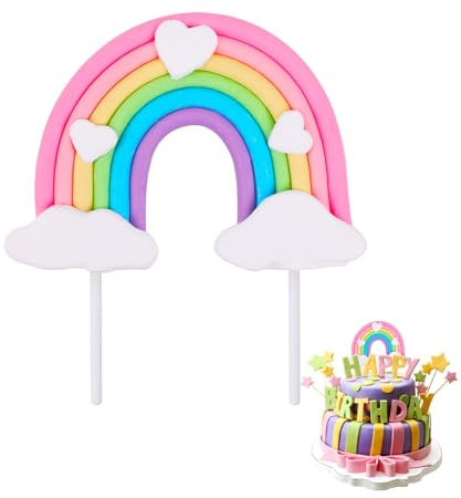 Rainbow Cake Topper, Cute Colorful Cloud and Heart Rainbow Cake Decoration Natural Sky Theme Party Decorations Soft Pottery Cake Decoration Supplies for Boys Girls Happy Birthday Party Wedding