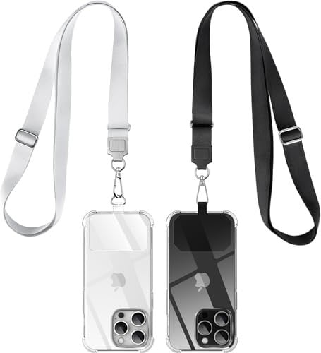 caslord Cordon Telephone Portable, avec 2 Patchs universels et 2 Cordon Téléphone Portable,Collier Compatibles avec Tous Les Smartphonese - Noir + Gris
