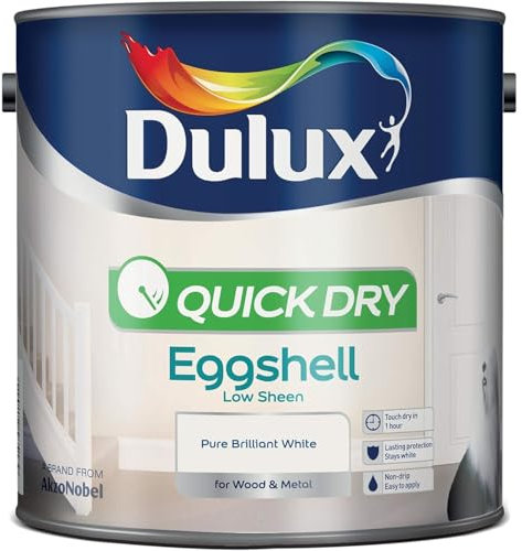 AMK® Dulux Quick Dry Eggshell Paint 750ml Pure Brilliant White Water Based Interior Wood Metal Finish Low Odour Non Yellowing Durable Wipeable Subtle Sheen Trim Skirting Doors