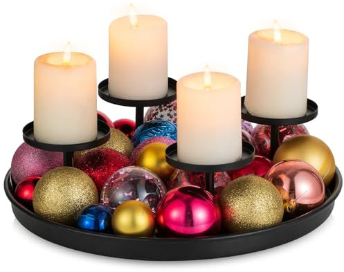 Sziqiqi Adventskranz Metall Schwarz Kerzenhalter: Modern Kerzentablett Adventsgesteck Gestell für 4 Stumpenkerzen - Advent Kerzenständer Deko Tablett Rund Tisch Kranz für Advent Weihnachtsdeko