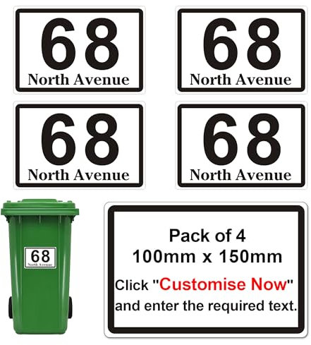 Set of 4 Personalised Bin Numbers for Wheelie Bins Custom Wheelie Bin Numbers Stickers with Waterproof House Number & Street Name (Design 1)