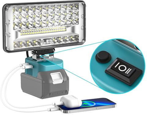 Lampada LED Ricaricabile per Makita 18V, LIVOWALNY 60W 6000LM Lampada Emergenza a Doppio Interruttore con Type C/USB Lampada da Lavoro Faretto per Garage, Campeggio, Cantiere (Senza Batteria)