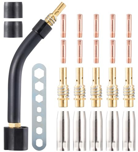 Unnosin 24 Teile MIG MAG Schweißbrenner Verschleißteile für 15AK MB15, 5x Gasdüse, 5x Düsenstock, 10x Stromdüse M6 0,8 mm, 2x Isolator, 1x Brennerhals, 1x Werkzeug